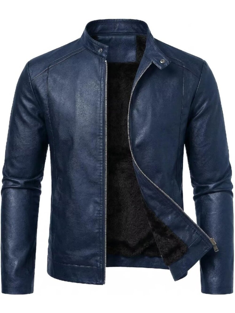 Men’s Blue Fleece lined Faux Leather Motorcycle Moto Biker Jacket Stand Collar C